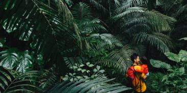 father and child in forest